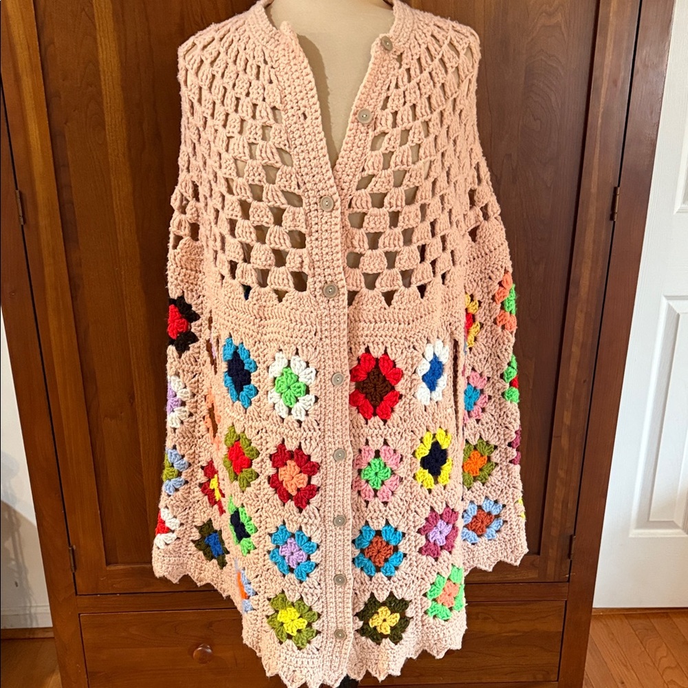 Handmade Crochet Granny Square Poncho Cape - Picture 1 of 6